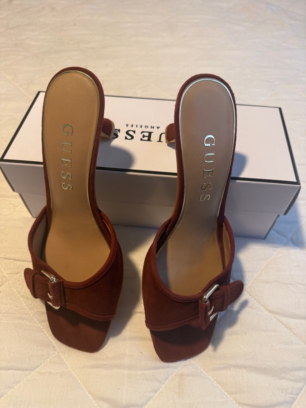 GUESS Women's Rust Brown Suede Buckle Mule Sandals